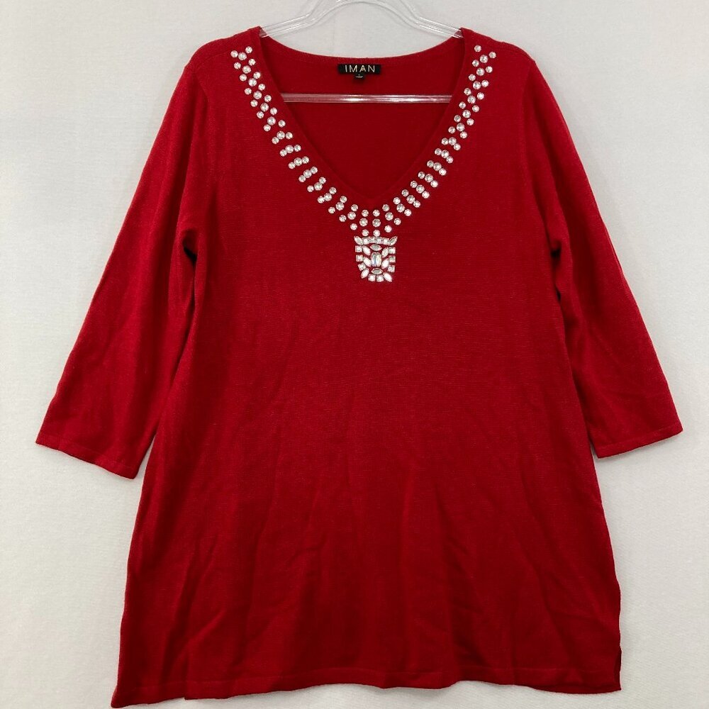 IMAN Large Red Embellished V Neck 3/4 Sleeve Light Knit Sweater Evening Romantic